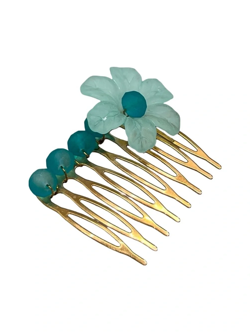 Gold-Tone Hair Comb with Aqua Flower Accent FINAL PRICE DROP